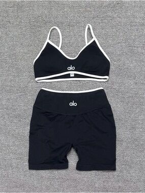 ALO Yoga Black and White Ribbed Bike Shorts and Bralette Set